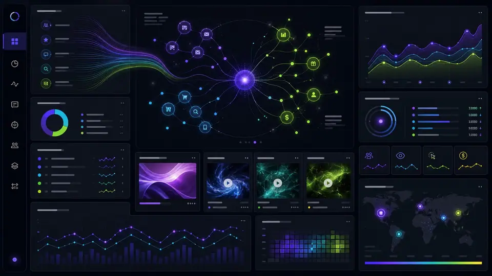 Illustrative dark marketing analytics dashboard with campaign signals and performance charts