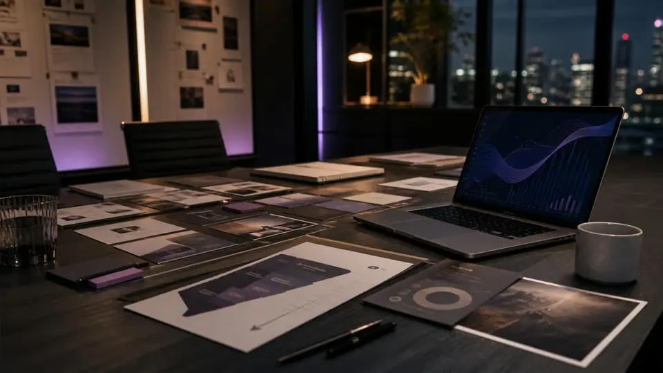 A London marketing strategy table with campaign plans and analytics