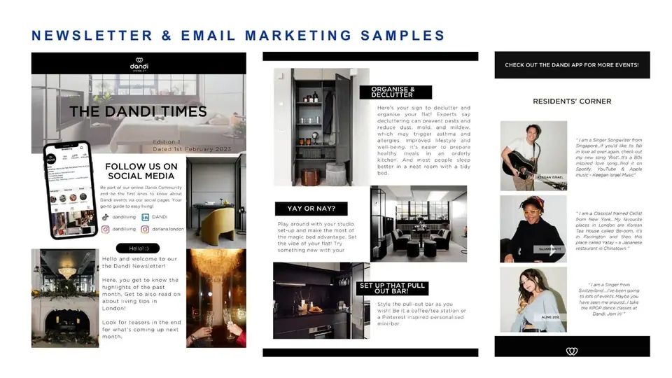 Dandi Living editorial email and resident content