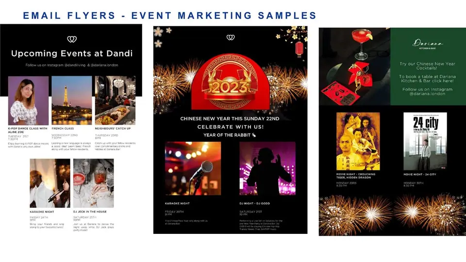 Dandi Living event email and flyer designs for dining and seasonal activity