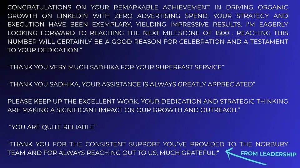 Internal feedback recognising Sadhika Obheroi marketing work and results