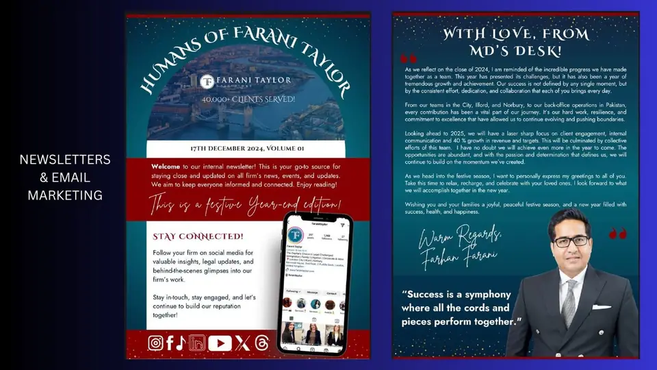 Farani Taylor legal newsletter spreads and editorial features