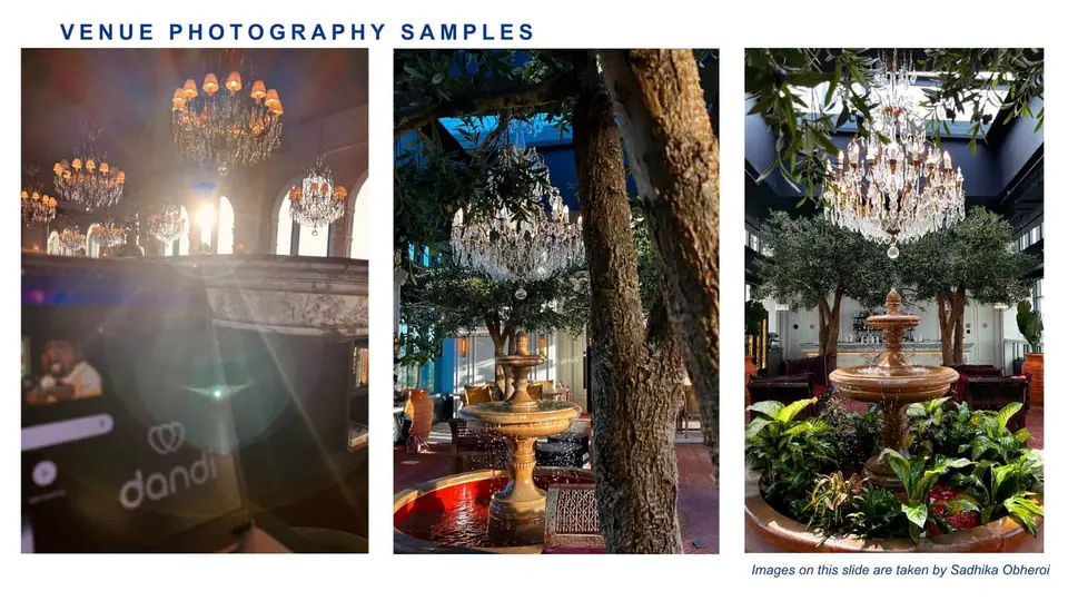 Original photographs of chandeliers, garden dining and hospitality settings