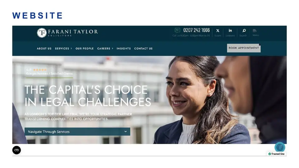 Farani Taylor website homepage with service navigation and trust signals