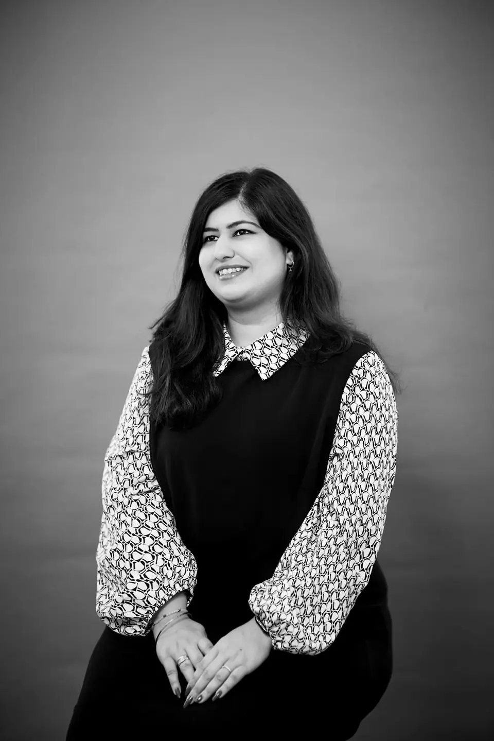 Black and white editorial portrait of Sadhika Obheroi
